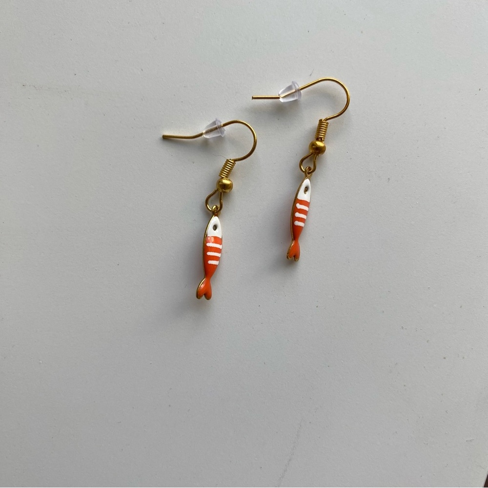 Handmade GOLD STAINLESS STEEL Earrings Striped Sardines Fish Nautical Fairy Cute - Picture 8 of 8